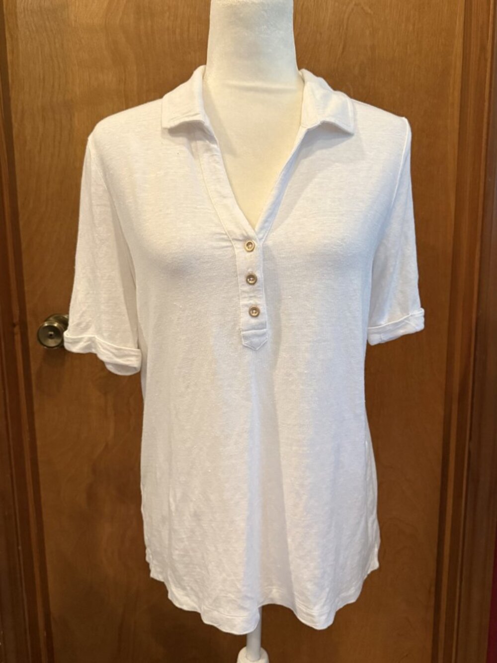 Chico's Women's Size Medium White Solid Linen Collared Short Sleeve Lightweight